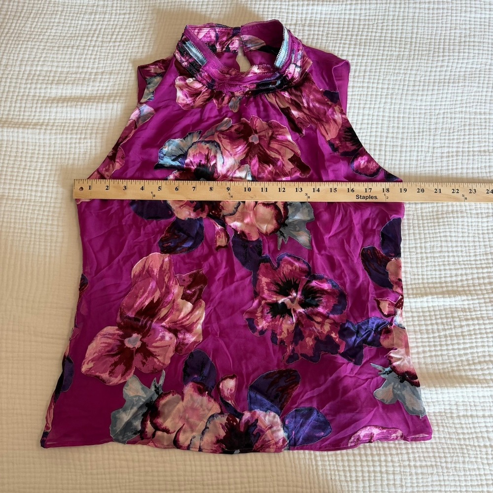 WHBM Women's Fuchsia Floral Mock Neck Halter Sleeveless Blouse (M) Silk Lining - Picture 5 of 5